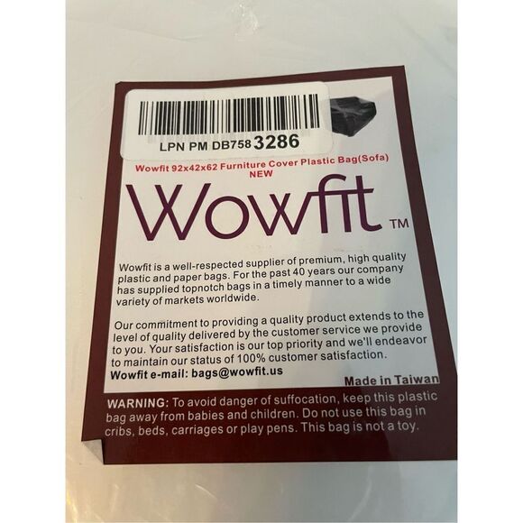 New Wowfit Furniture Cover Plastic Bag (Sofa) 92W x 42D x 62/41H Inches Storage - Picture 1 of 5